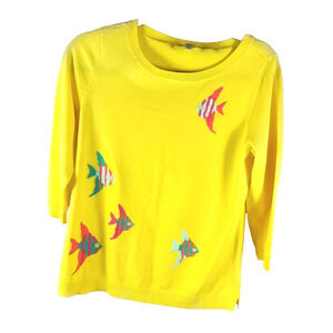 Talbots Women's Sweater Size S Petite Bright Yellow Fish Beach Flaw